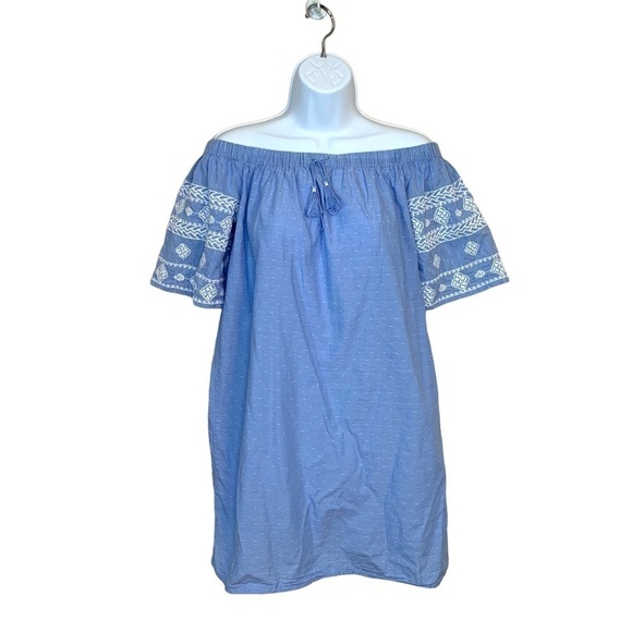XS Old Navy Blue Embroidered Peasant Tunic Short Dress Boho Off Shoulder - Picture 1 of 7